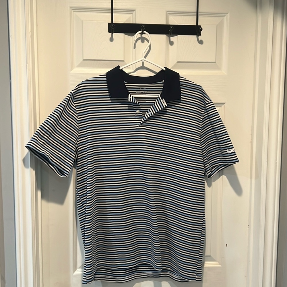 Nike dry fit gold shirt.  Size large, blue/white stripe